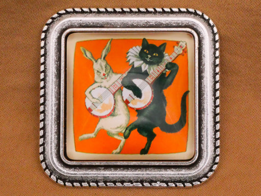White Rabbit Black Cat Banjo Guitar Music Square Glass Metal Button 36mm