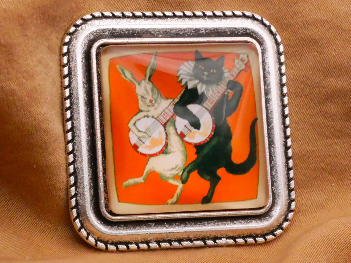 White Rabbit Black Cat Banjo Guitar Music Square Glass Metal Button 36mm