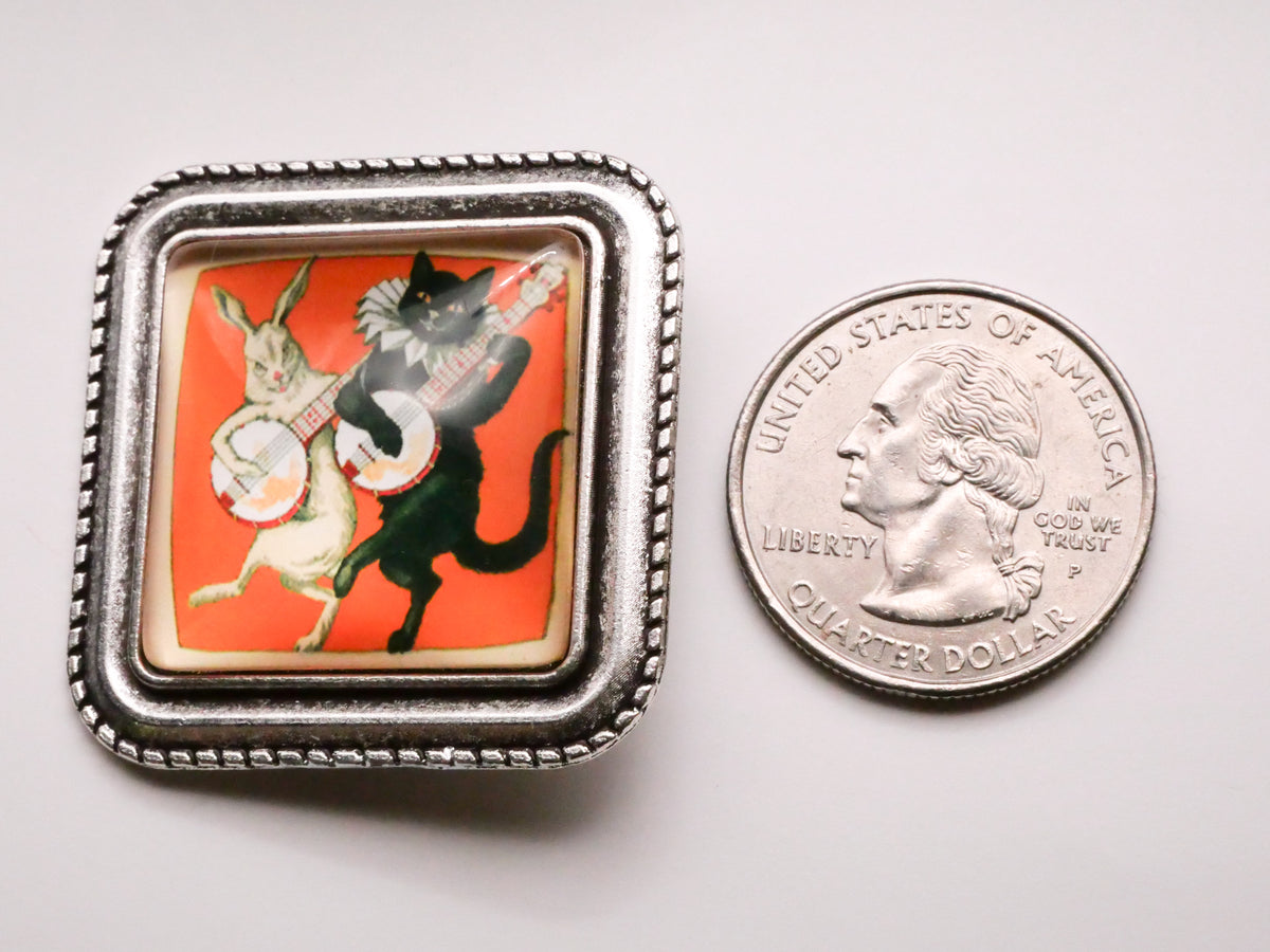 White Rabbit Black Cat Banjo Guitar Music Square Glass Metal Button 36mm
