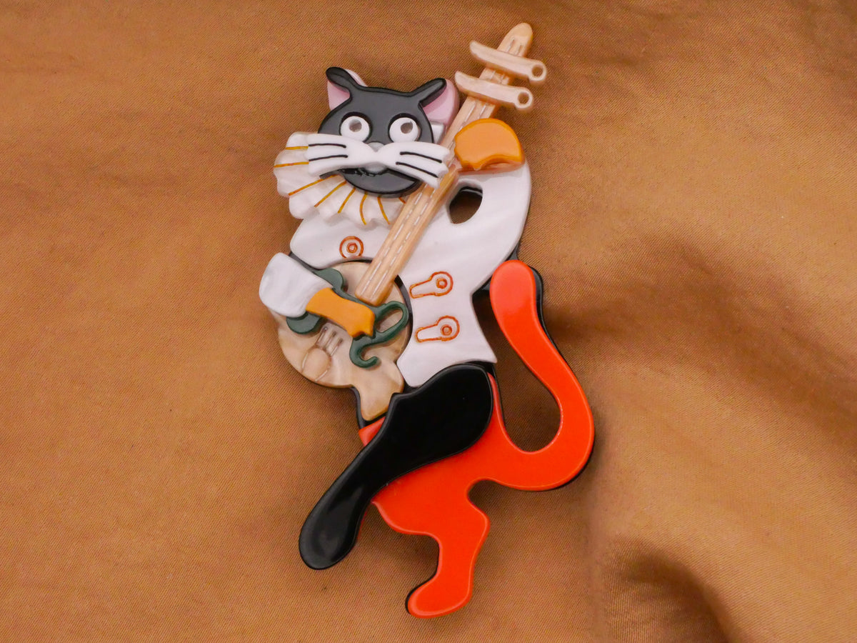 Black Cat Musician Banjo Guitar Acrylic Plastic Large Button 42x77mm