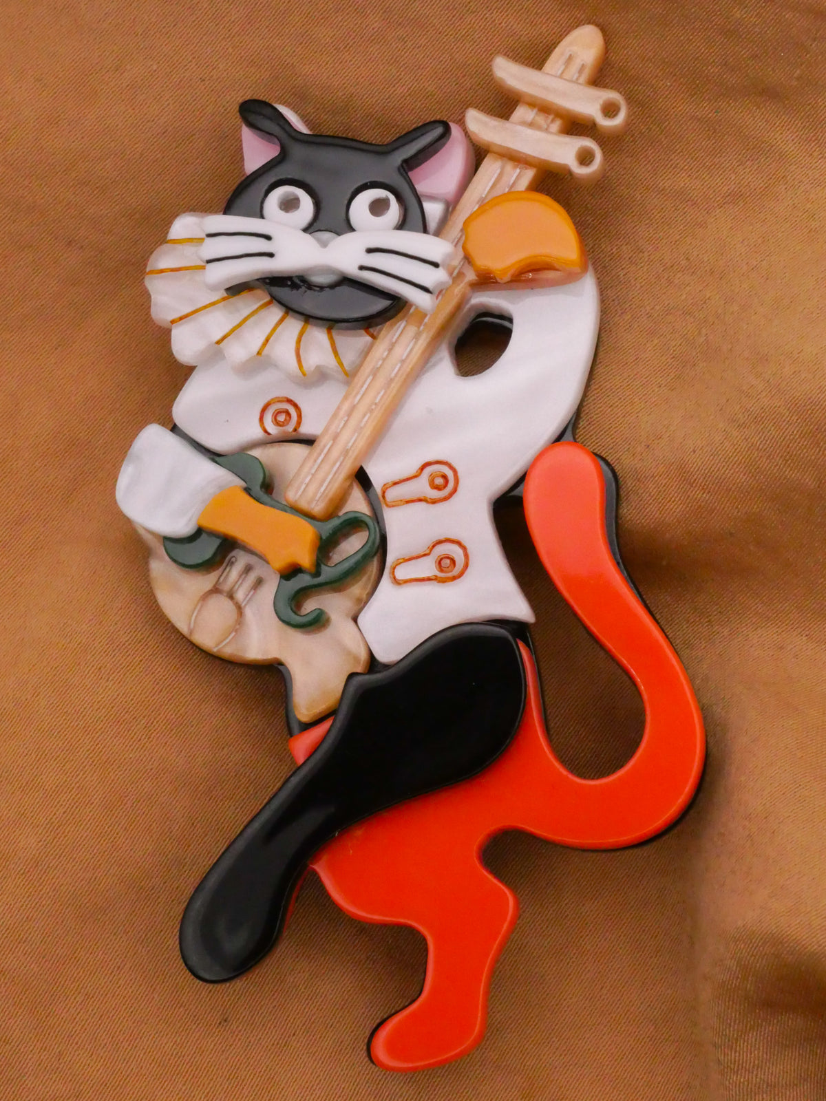 Black Cat Musician Banjo Guitar Acrylic Plastic Large Button 42x77mm