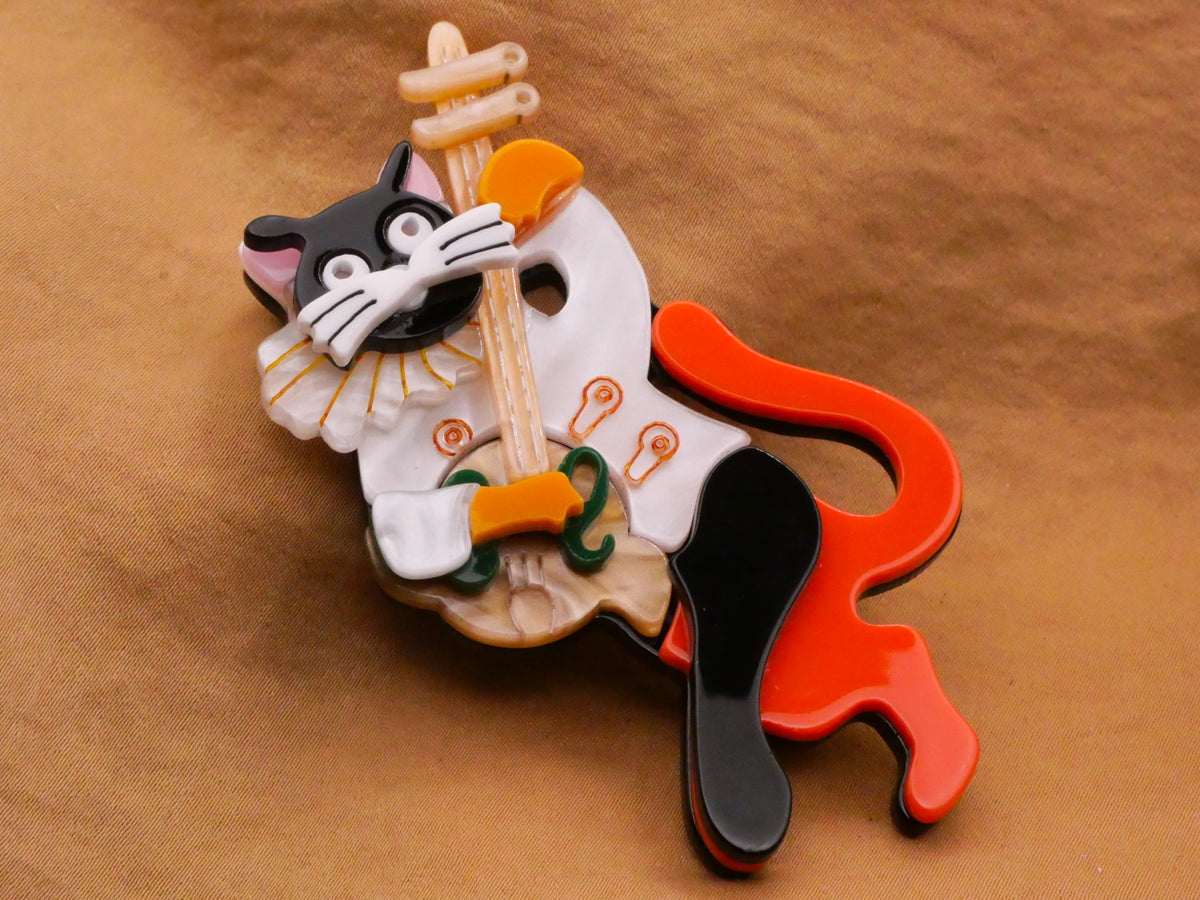 Black Cat Musician Banjo Guitar Acrylic Plastic Large Button 42x77mm