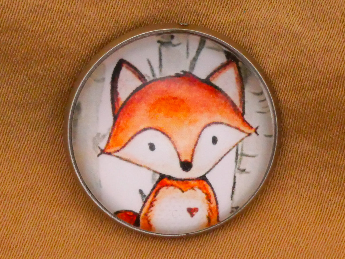 Fox Heart Illustration Plastic Silver Metal Button 21mm