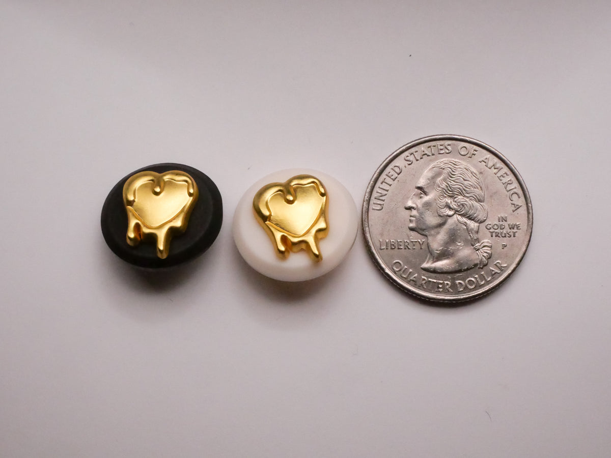 Melting Heart Black White Plastic Gold Metal Pair of Buttons 18mm
