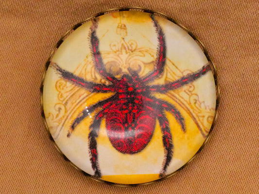 Spider Red Yellow Dome Glass Lace Edge Bronze Metal Button 26mm
