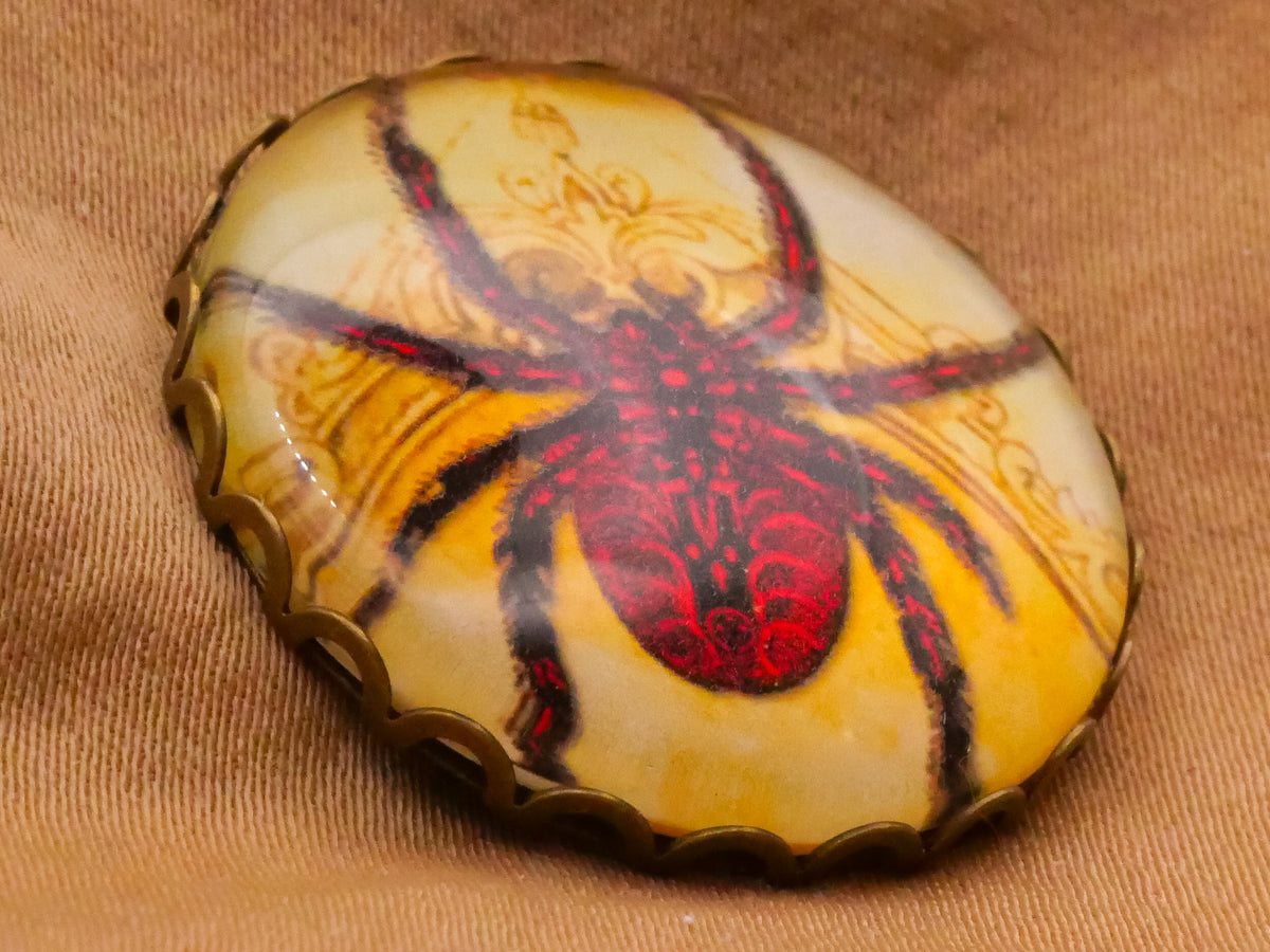 Spider Red Yellow Dome Glass Lace Edge Bronze Metal Button 26mm