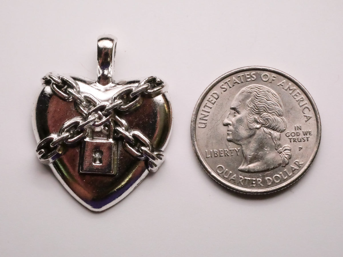 Heart in Chains Lock Silver Metal Pendant Charm Embellishment 26x33mm