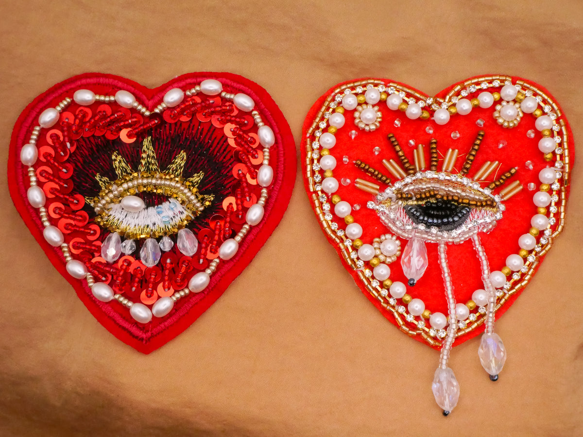 Heart Crying Eye Beaded Fabric Patch Embellishment Various 83x86mm