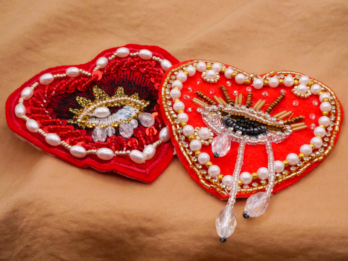 Heart Crying Eye Beaded Fabric Patch Embellishment Various 83x86mm