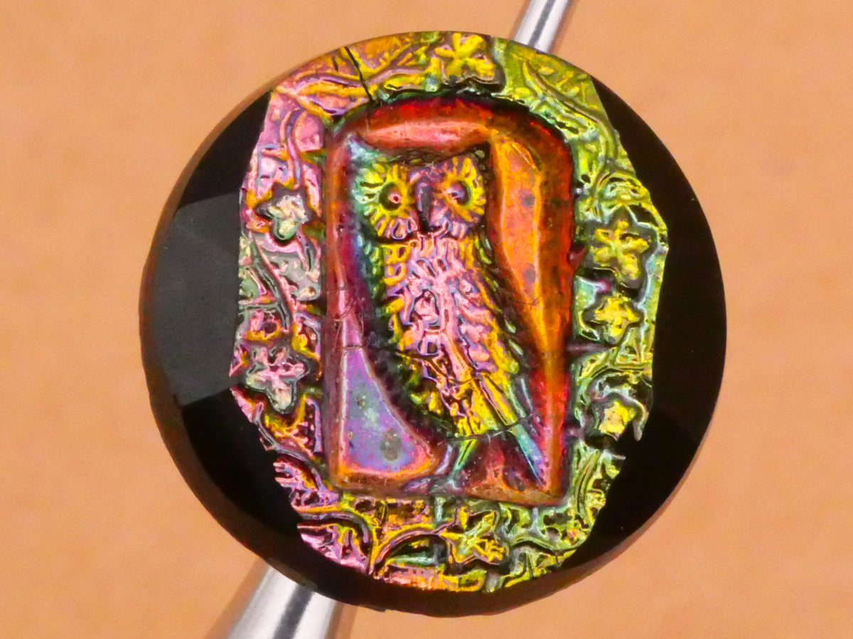 Owl Windowsill Rainbow Iridescent Black Glass Antique Button 17mm