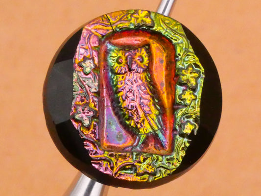 Owl Windowsill Rainbow Iridescent Black Glass Antique Button 17mm