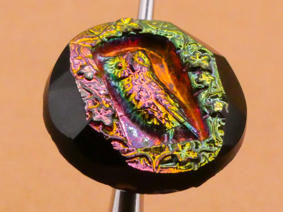 Owl Windowsill Rainbow Iridescent Black Glass Antique Button 17mm