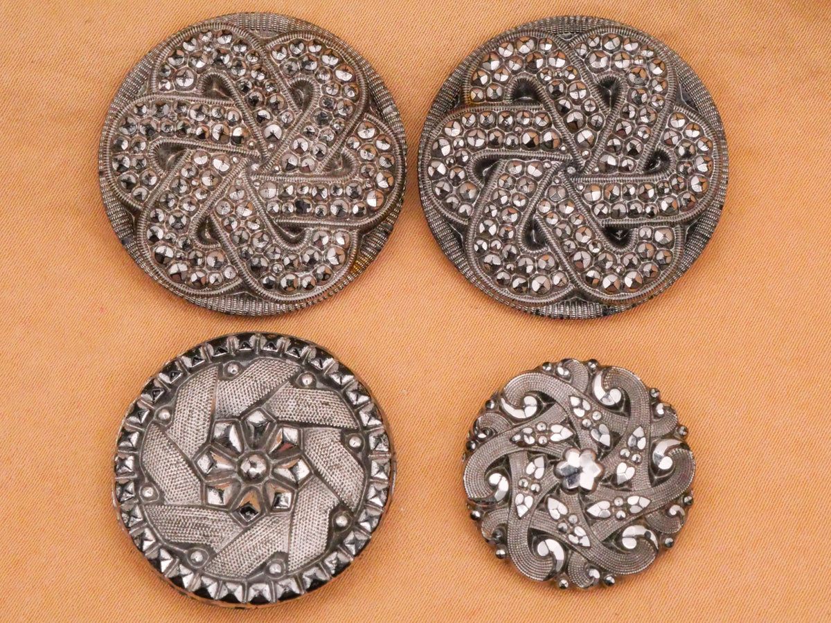 Swirl Silver Luster Antique Black Glass Button Various 22-31mm
