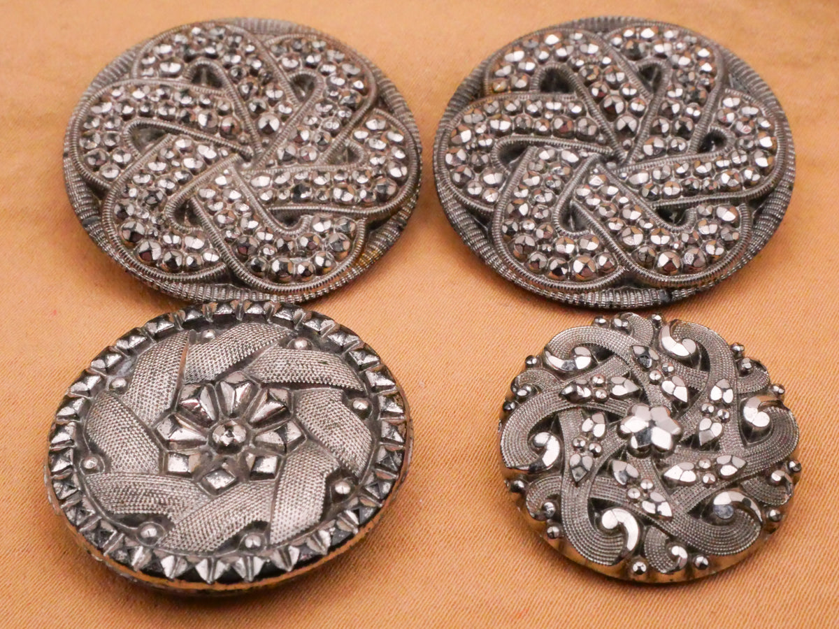 Swirl Silver Luster Antique Black Glass Button Various 22-31mm