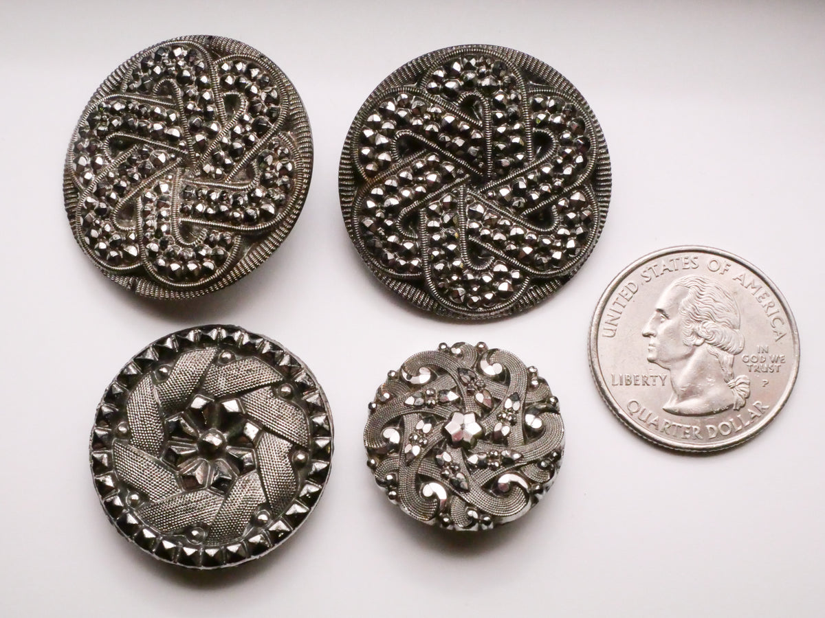 Swirl Silver Luster Antique Black Glass Button Various 22-31mm