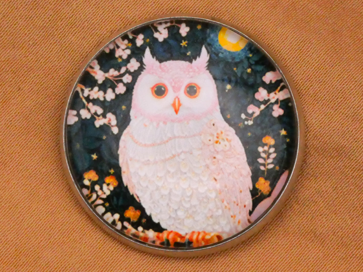 Owl Pale Pink Moon Glass Silver Metal Button 27mm