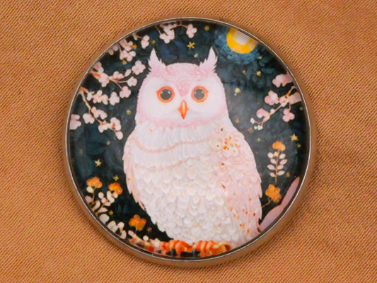 Owl Pale Pink Moon Glass Silver Metal Button 27mm