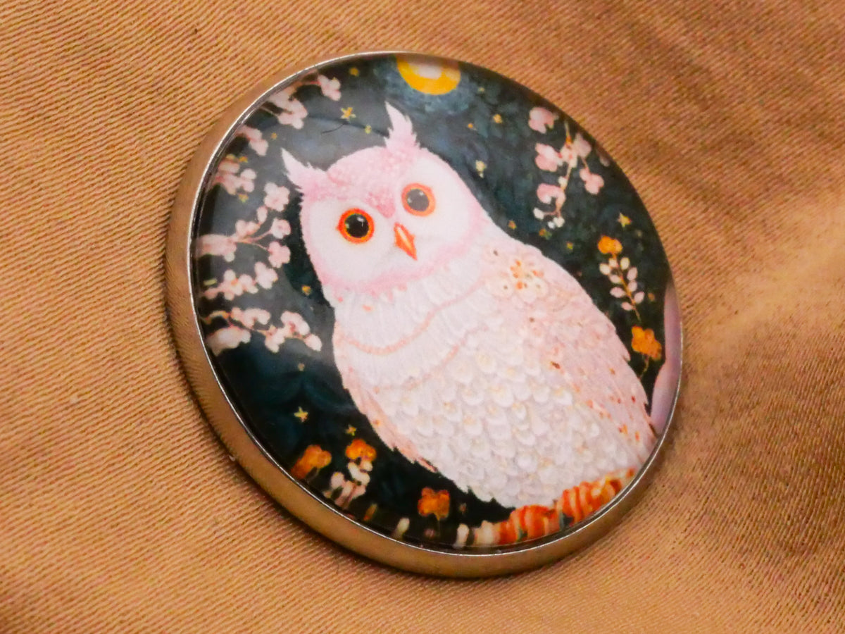 Owl Pale Pink Moon Glass Silver Metal Button 27mm