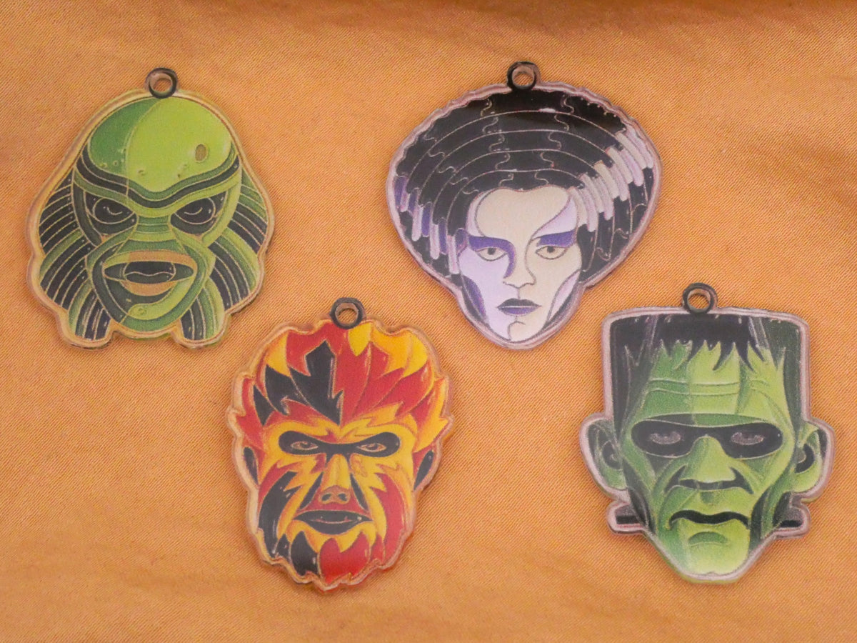 Classic Monster Faces Acrylic Plastic Set of Four Charms Embellishments 24-34mm
