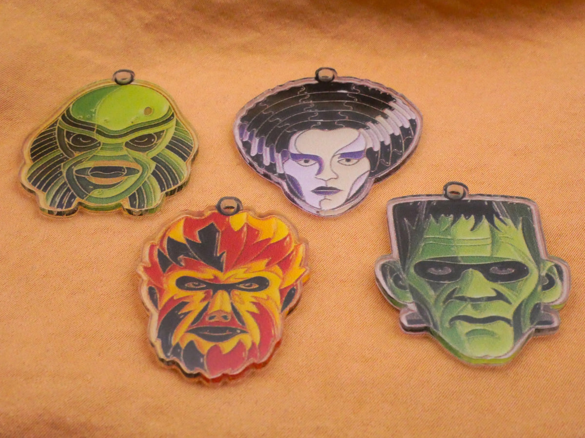 Classic Monster Faces Acrylic Plastic Set of Four Charms Embellishments 24-34mm