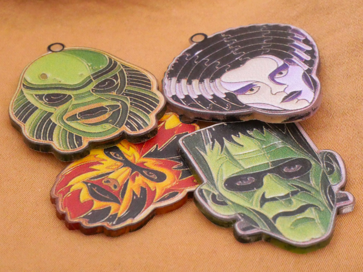 Classic Monster Faces Acrylic Plastic Set of Four Charms Embellishments 24-34mm