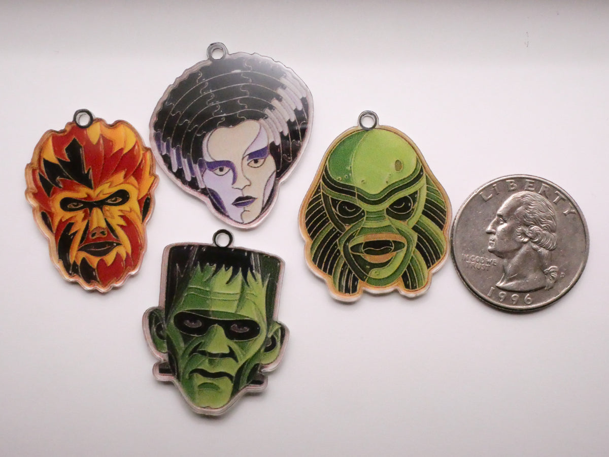 Classic Monster Faces Acrylic Plastic Set of Four Charms Embellishments 24-34mm
