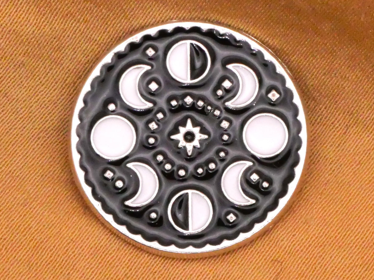 Lunar Cycles Moon Black White Enamel Metal Button 20mm