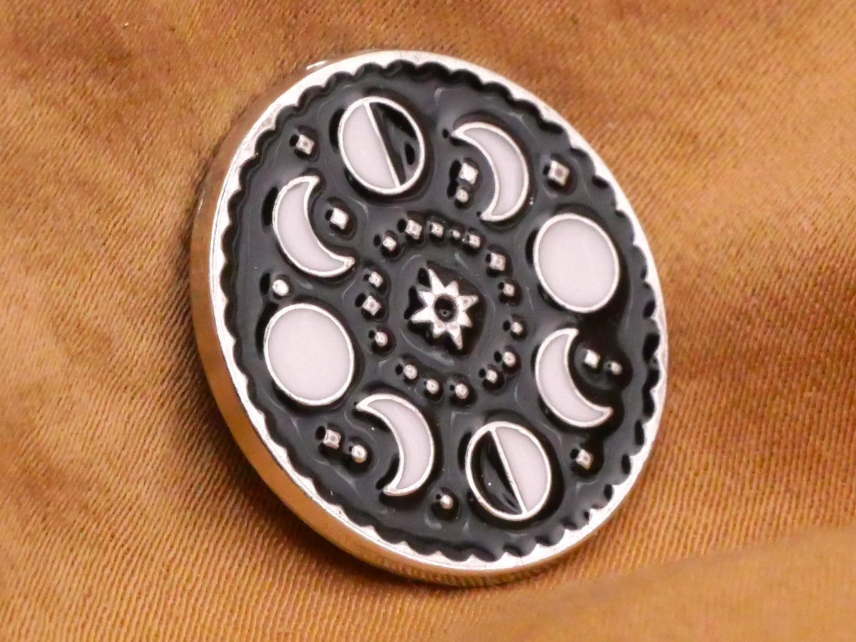 Lunar Cycles Moon Black White Enamel Metal Button 20mm