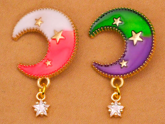 Crescent Moon Stars Moveable Rhinestone Enamel Metal Button Various 19x31mm