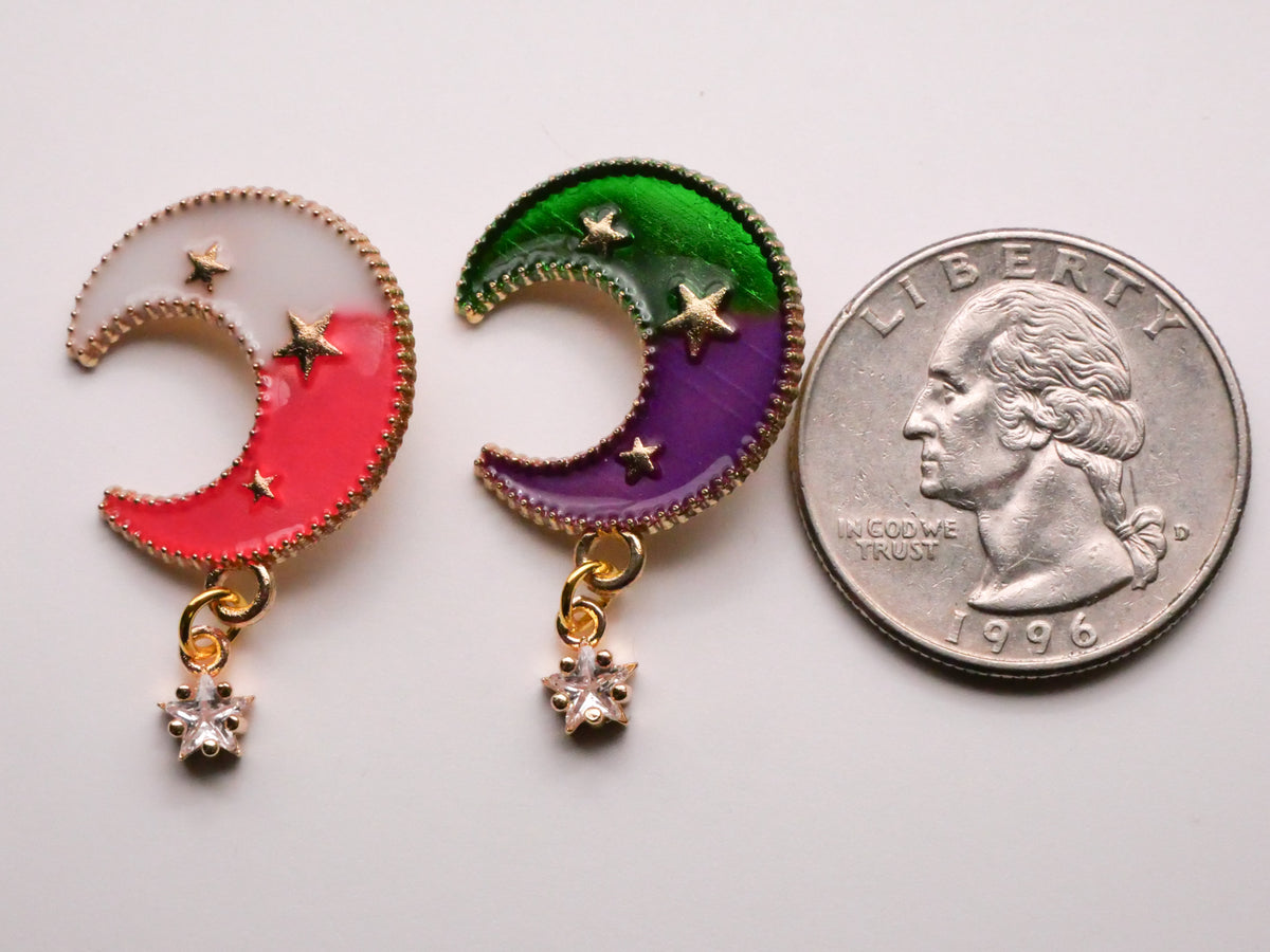 Crescent Moon Stars Moveable Rhinestone Enamel Metal Button Various 19x31mm