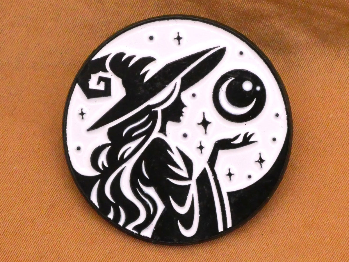 Witch Moon Silhouette Black White Enamel Metal Button 31mm