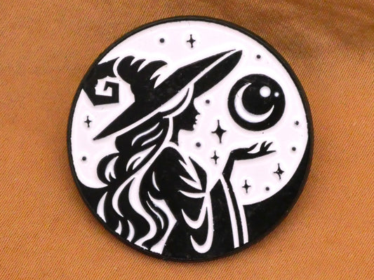 Witch Moon Silhouette Black White Enamel Metal Button 31mm