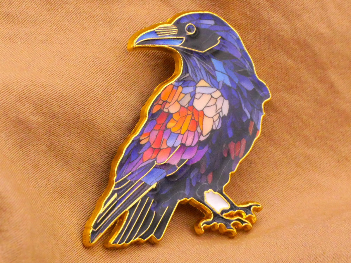Raven Crow Bird Stained Glass Look Large Metal Button 31x36mm