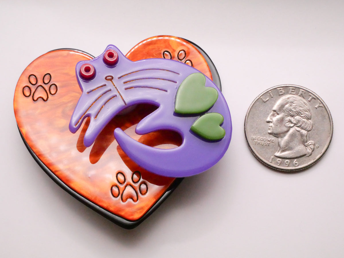 Heart Cat Kitty Paw Prints Large Acrylic Plastic Moveable Button 52x57mm