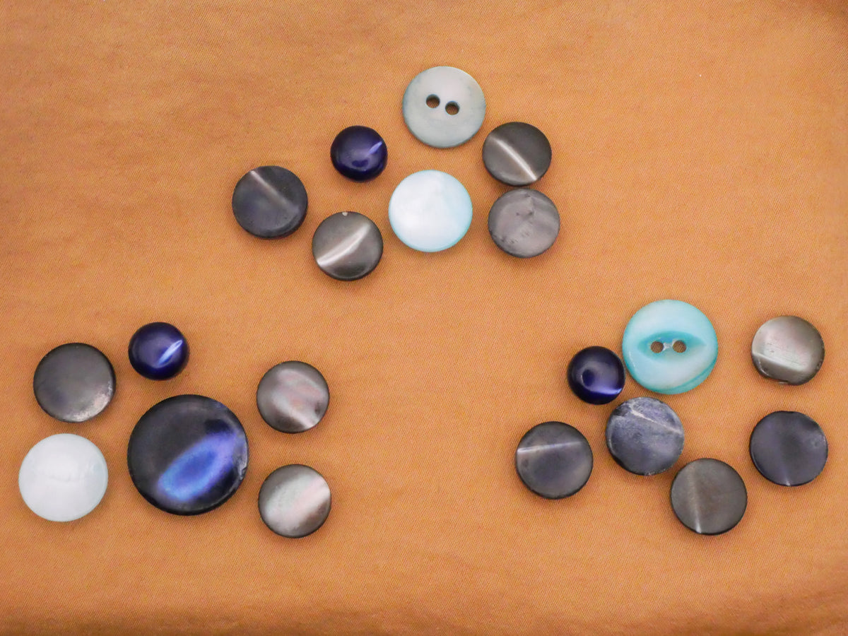 Blue Grey Aqua Dyed Mother of Pearl Set of Seven Buttons Various 9-17mm