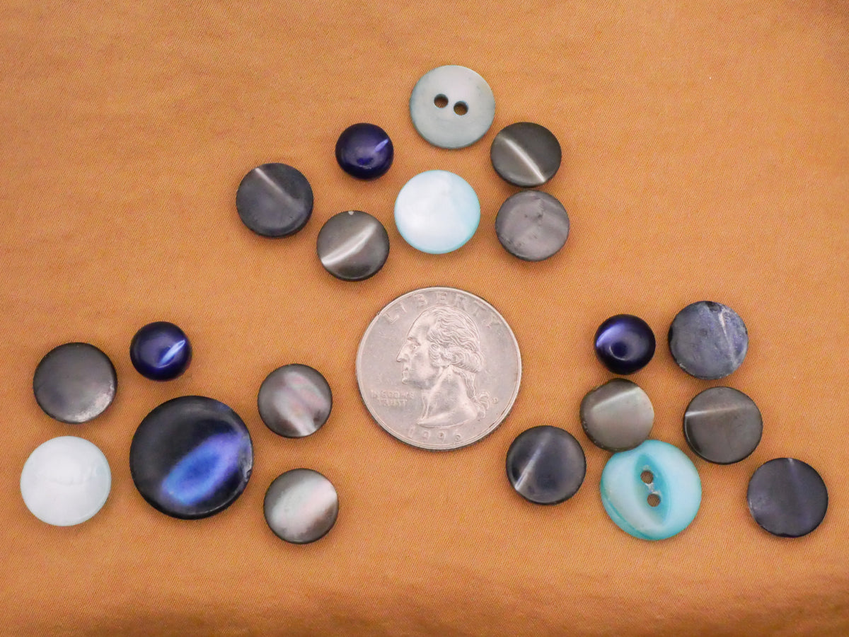 Blue Grey Aqua Dyed Mother of Pearl Set of Seven Buttons Various 9-17mm