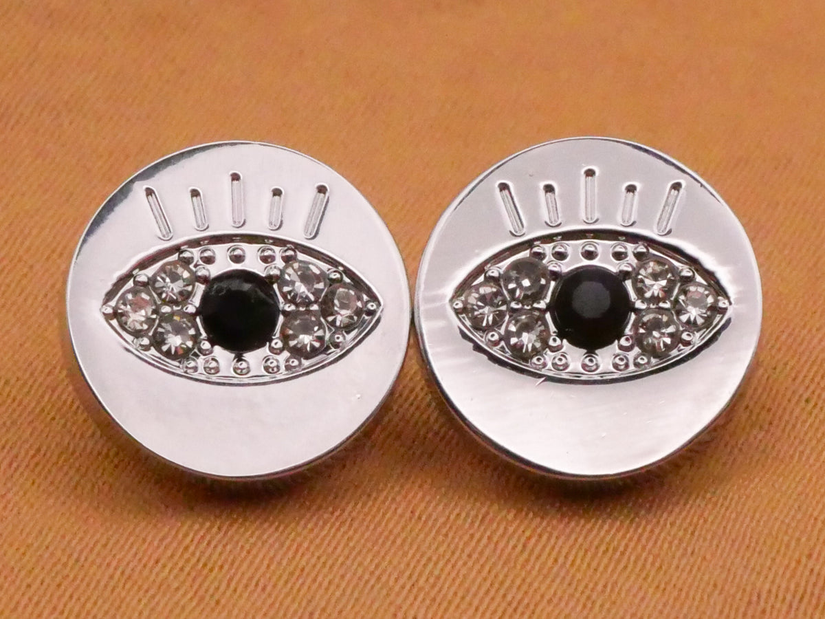 Eye Rhinestone Silver Colored Metal Pair of Buttons 11mm