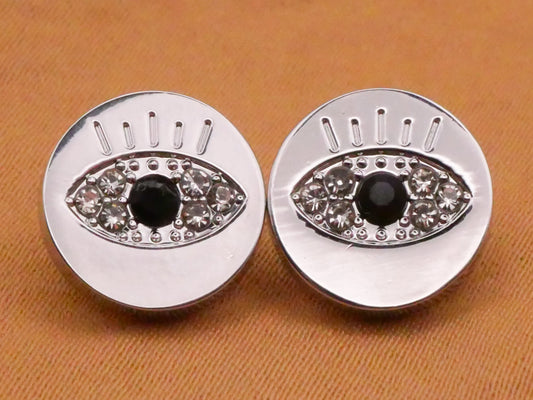 Eye Rhinestone Silver Colored Metal Pair of Buttons 11mm