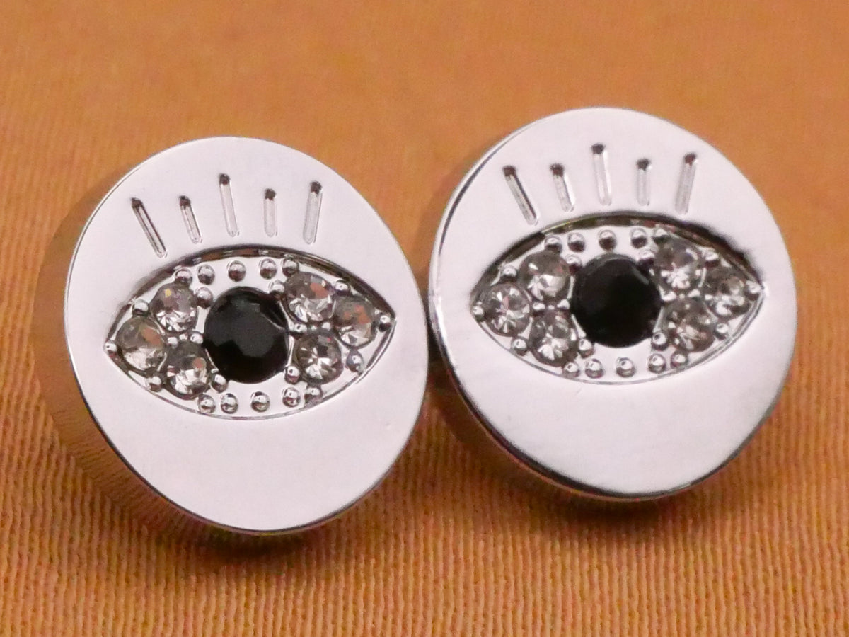 Eye Rhinestone Silver Colored Metal Pair of Buttons 11mm