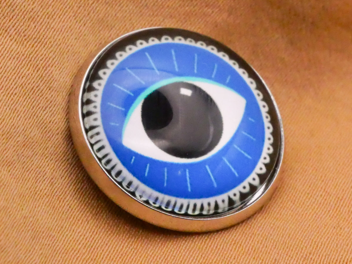 Blue Eye Lace Design Glass Silver Metal Button 20mm