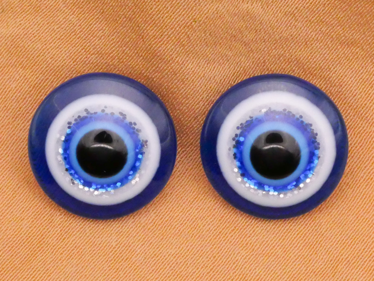 Evil Eye Glitter Blue White Plastic Pair of Buttons 13mm