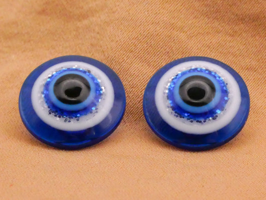 Evil Eye Glitter Blue White Plastic Pair of Buttons 13mm