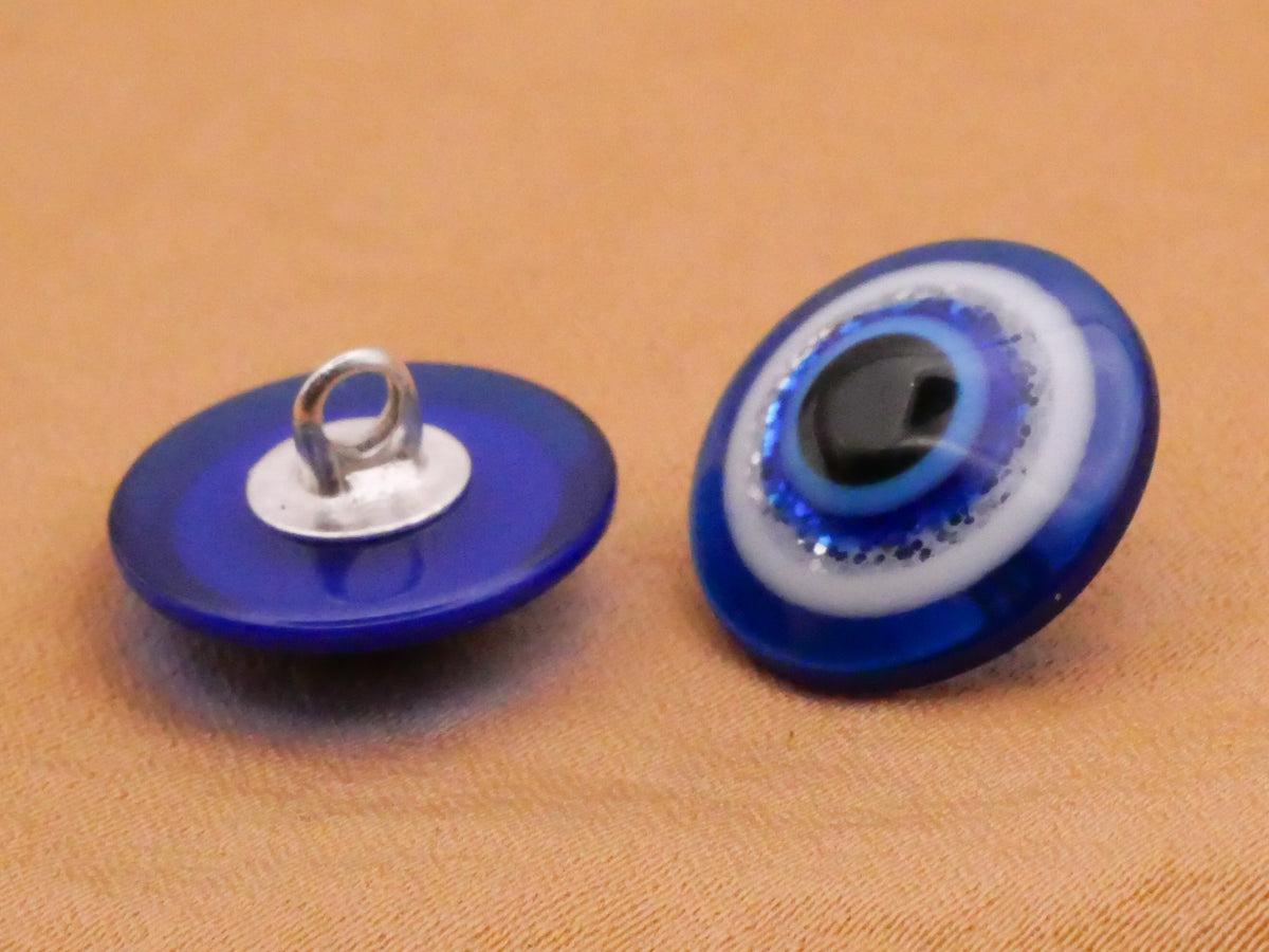 Evil Eye Glitter Blue White Plastic Pair of Buttons 13mm