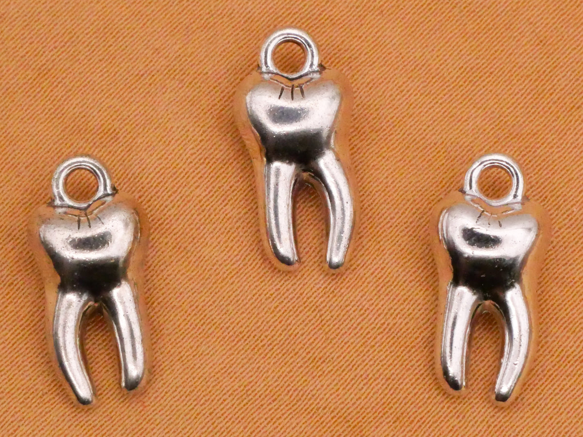 Tooth Teeth Silver Colored Metal Set of Three Charms Embellishments 8x16mm