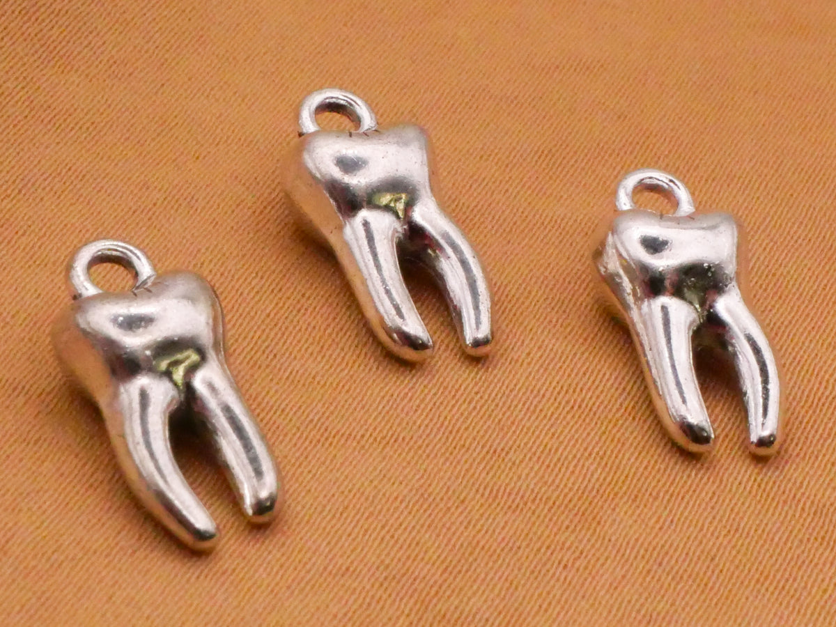 Tooth Teeth Silver Colored Metal Set of Three Charms Embellishments 8x16mm