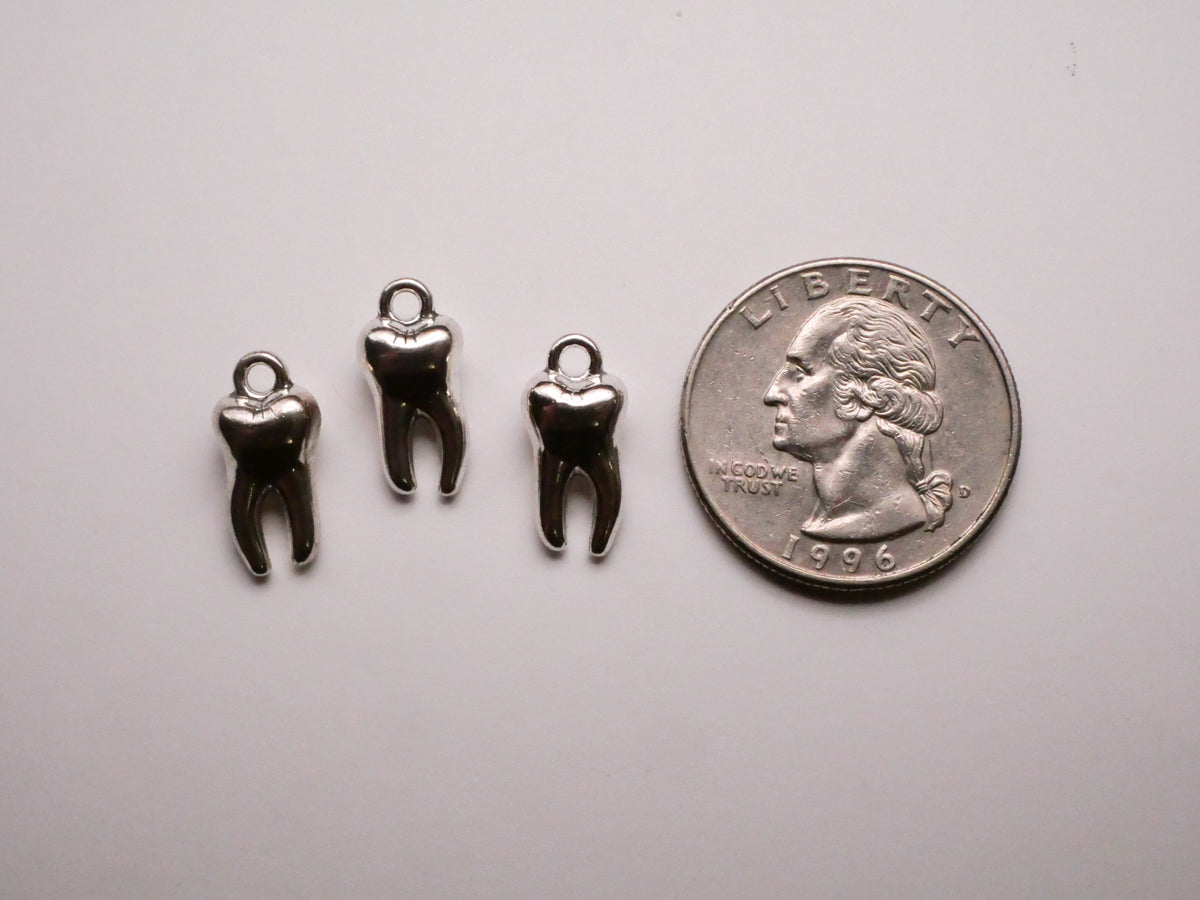 Tooth Teeth Silver Colored Metal Set of Three Charms Embellishments 8x16mm
