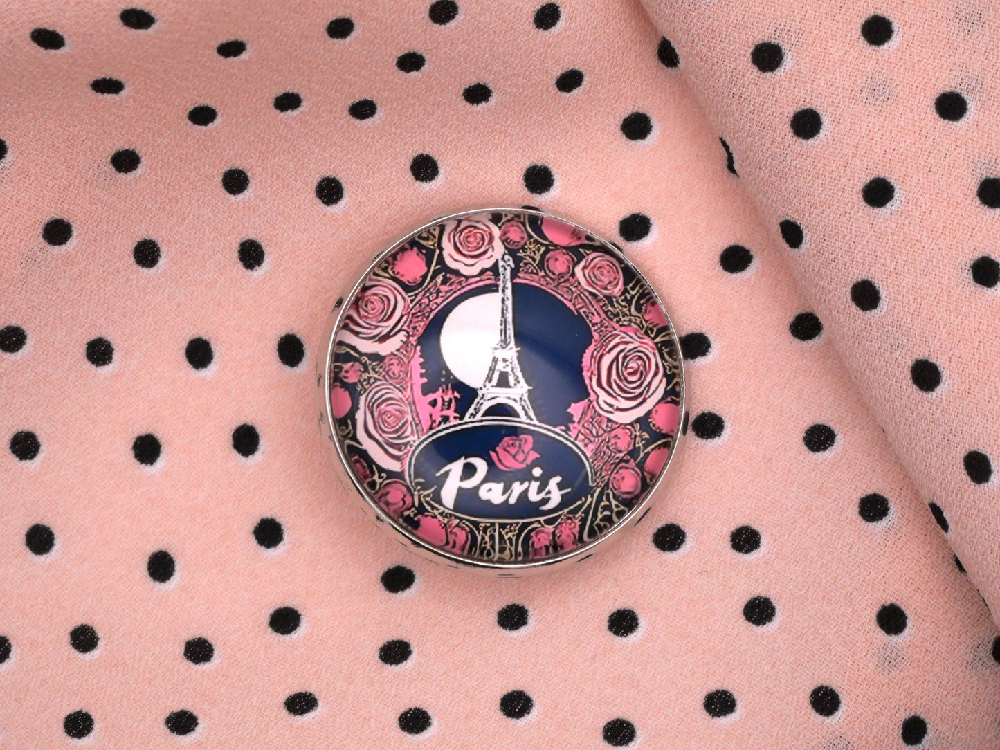 Paris Eiffel Tower Roses Glass Dome Button 27mm