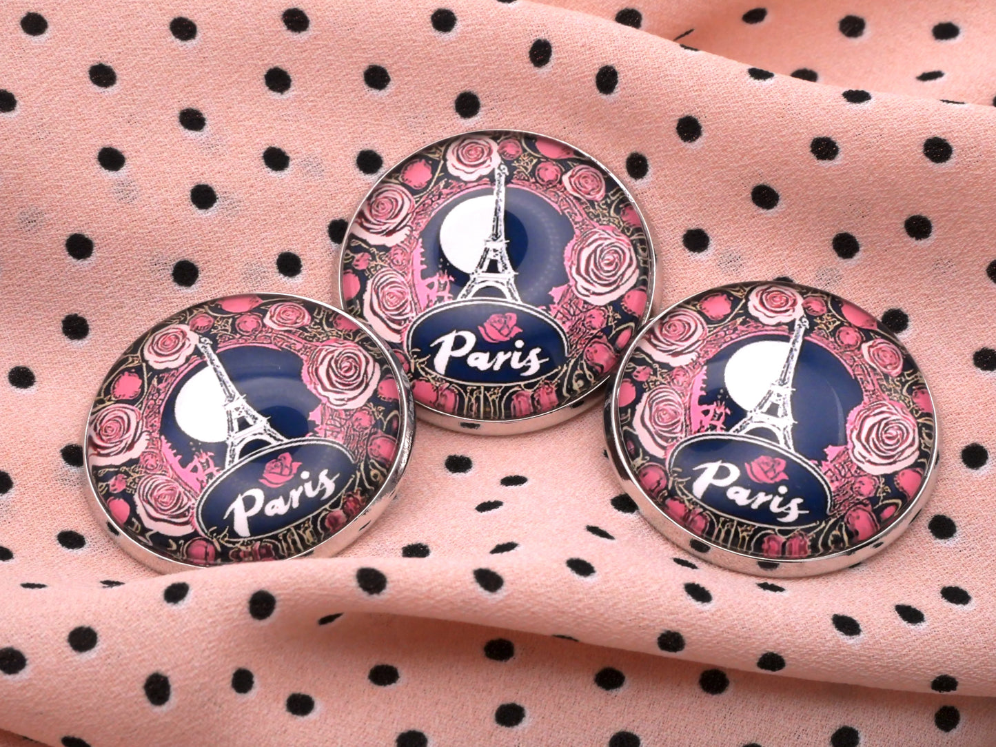 Paris Eiffel Tower Roses Glass Dome Button 27mm