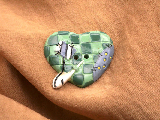 Patchwork Sewing Heart with Needle Ceramic Button 28x32mm