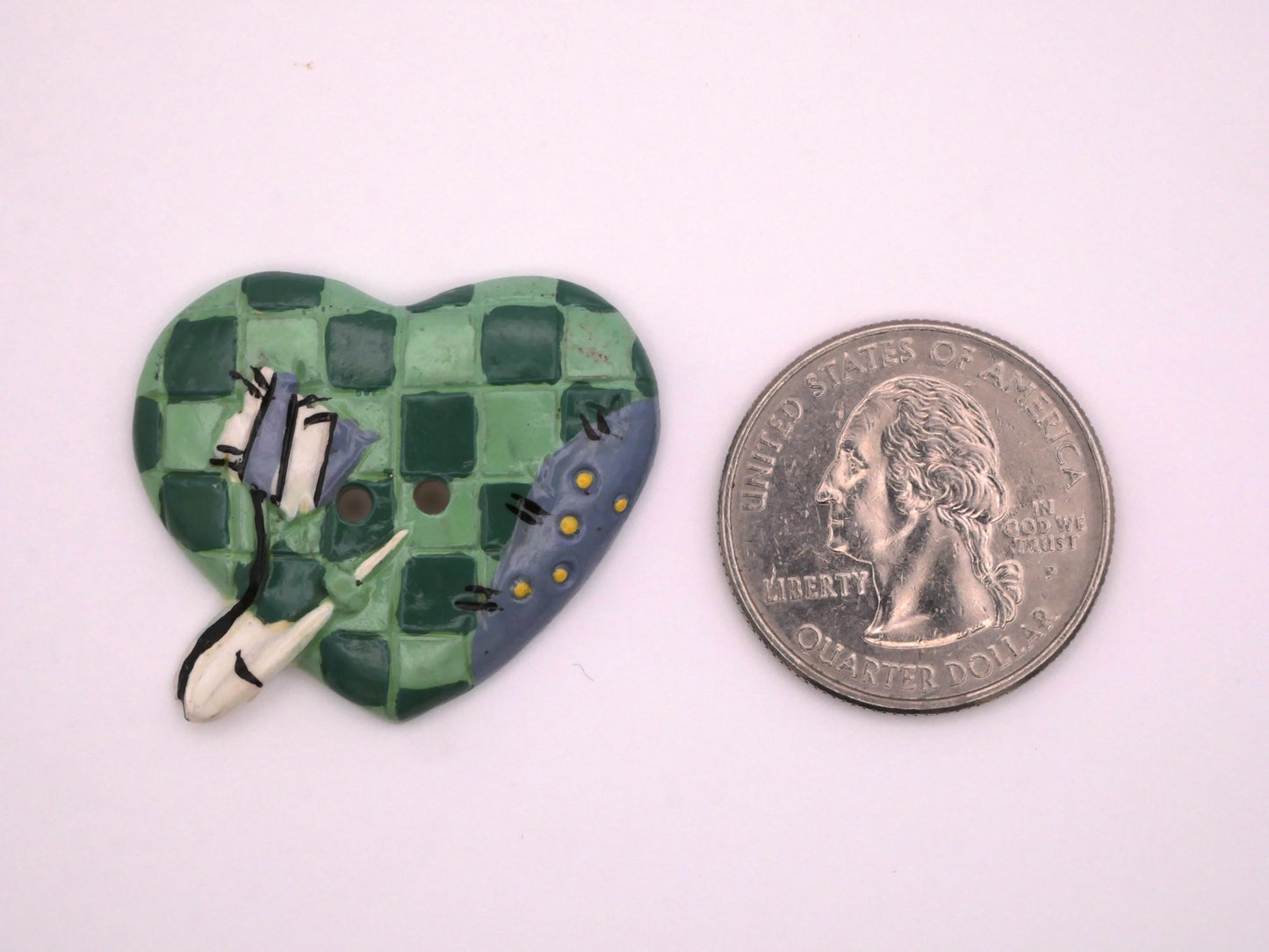 Patchwork Sewing Heart with Needle Ceramic Button 28x32mm